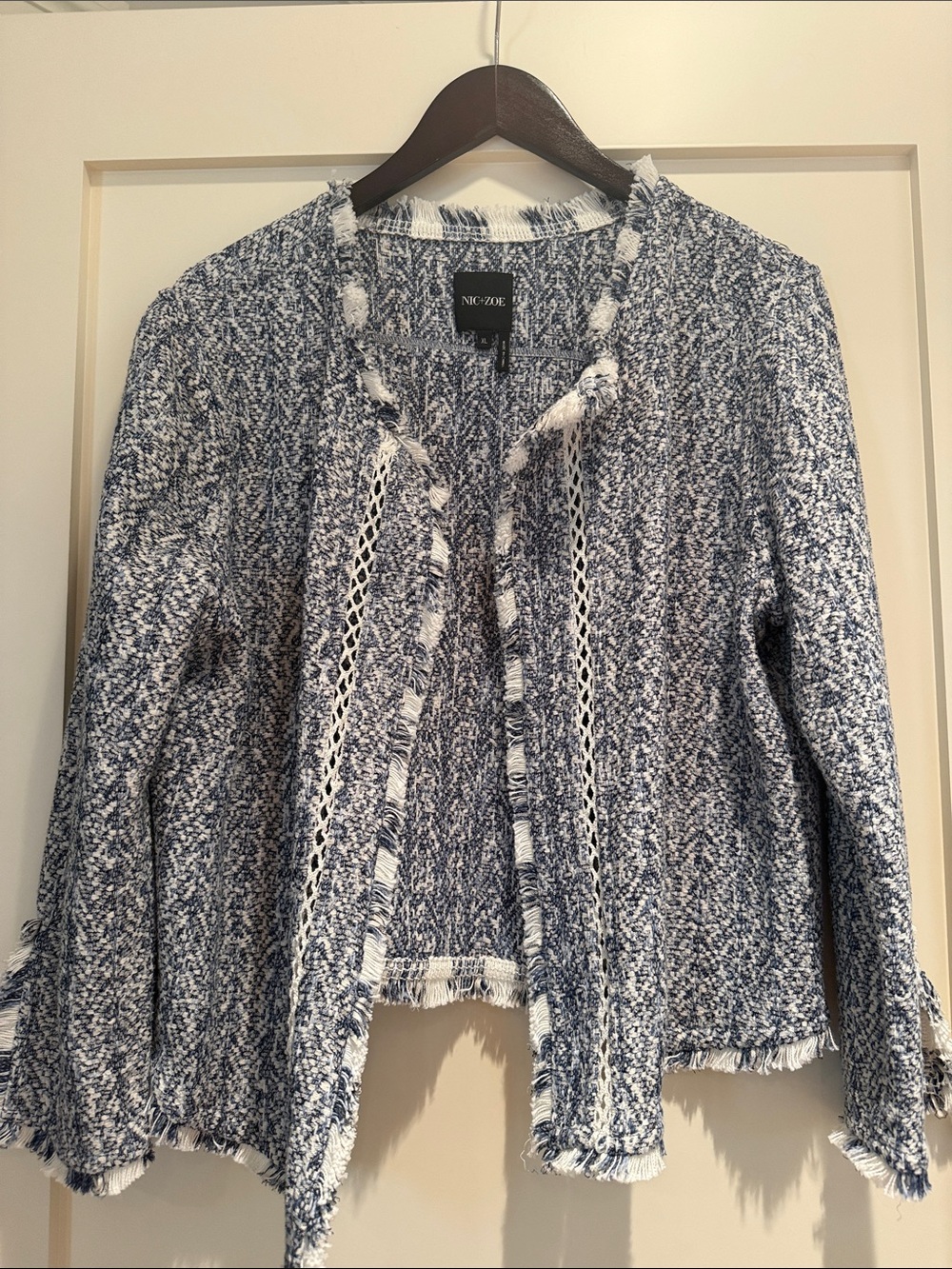Nic+Zoe Blue and White Tweed Fringe Open Cardigan Blazer